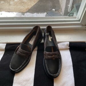 Sebago Black Leather Loafers with Fur Trim